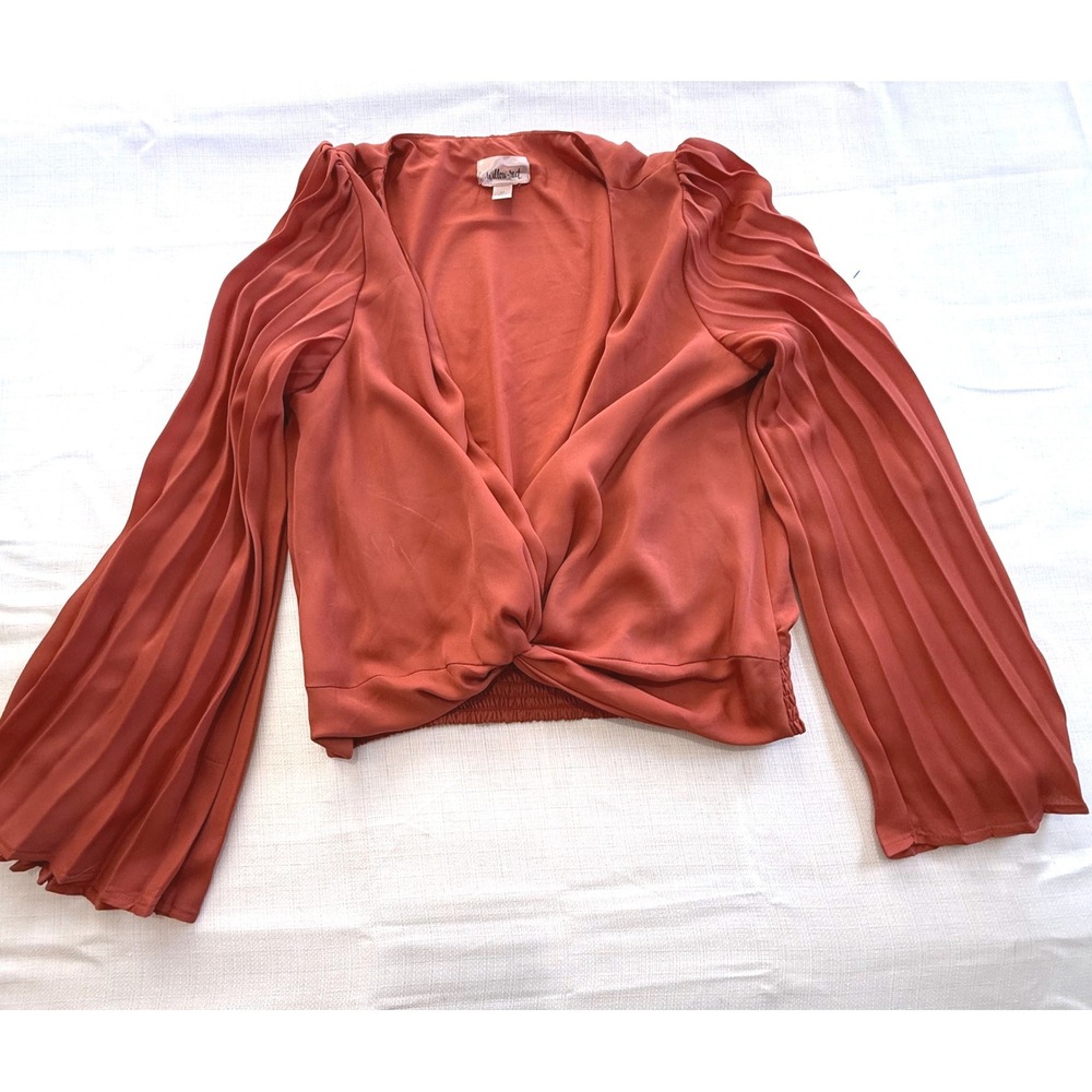 Willow Root Coral Pleated Sleeve Twist‎ Front Smocked Waist Blouse Top M